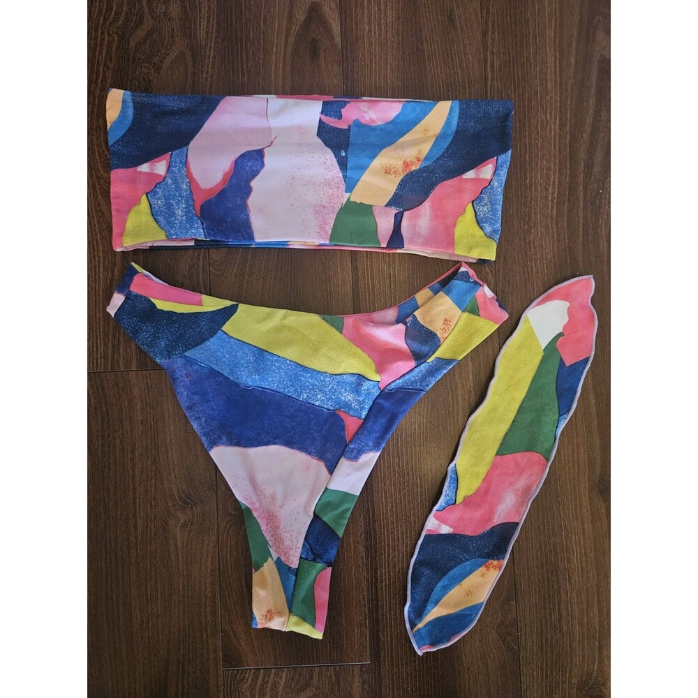 3Pc Bandeau Bikini Set Colorful Abstract Print Swimsuit with Matching Hair Tie M